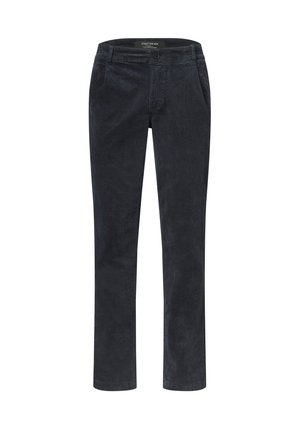 Zwarte heren casual broek met knoop- en ritssluiting, riemlussen en voorzakken, plat liggend op een witte achtergrond afgebeeld.