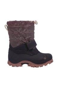 Botte de neige violette avec un dessus rembourré et brillant, sangle Velcro et semelle extérieure robuste marron. Dotée d'une languette pour un enfilage facile.