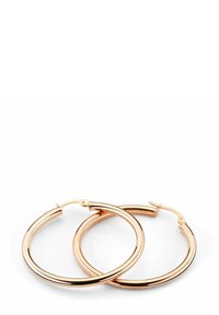 Rose gold hoop earrings with a sleek design, featuring a smooth surface and a secure clasp. Circular shape with a polished finish.
