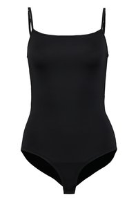 Černé jednodílné plavky s tenkými ramínky, jednoduchým designem, hladkou texturou a vysokým vykrojením nohavic. Žádné vzory ani kovové detaily.
