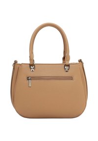 Rudos odos rankinė su struktūruotu dizainu, pasižyminti lygiu paviršiumi, dviem rankenomis ir priekinės kišenės užtrauktuku su metaliniais akcentais.