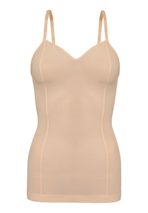 Beige Trägertop mit verstellbaren dünnen Trägern, V-Ausschnitt und glatter Textur. Körpernaher Schnitt mit dezenten Nahtdetails.