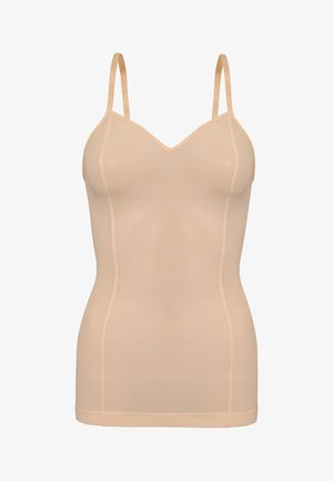 Beige Trägertop mit verstellbaren dünnen Trägern, V-Ausschnitt und glatter Textur. Körpernaher Schnitt mit dezenten Nahtdetails.