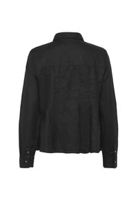 Chemise noire à manches longues avec boutons et col ouvert, vue de dos sur fond blanc.