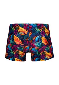 Färgglada badshorts med ett livfullt tropiskt lövmönster i blått, orange, grönt och gult på en svart bakgrund.