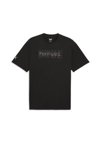 Melna kokvilnas T-krekls ar centrālu "Formula 1" grafiku strīpota dizainā. Īsas piedurknes ar Puma logo uz kreisās piedurknes.