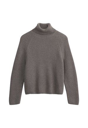 Grau gerippter Rollkragenpullover mit langen Ärmeln, im lässigen Schnitt und einem strukturierten Strickmuster. Keine Verzierungen oder Muster.