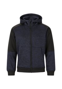 Sweatshirt à capuche zippé en bleu foncé avec des accents noirs. Il présente un tissu texturé, des poches avant et des poignets et ourlet côtelés.