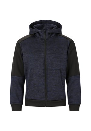 Hættezip-sweatshirt i mørkeblå med sorte detaljer. Har struktureret stof, forlommer og ribbede manchetter og kant.