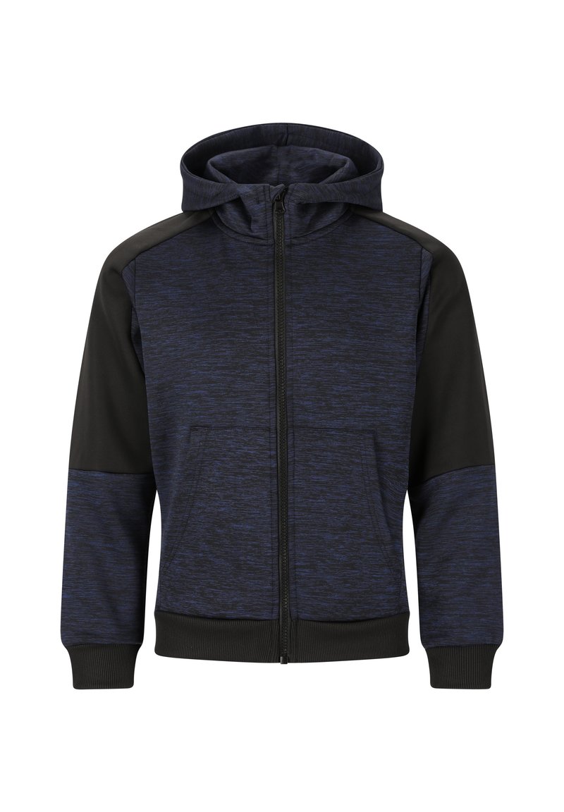 Sweatshirt à capuche zippé en bleu foncé avec des accents noirs. Il présente un tissu texturé, des poches avant et des poignets et ourlet côtelés.