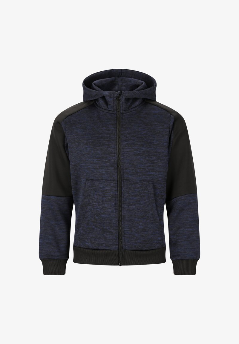 Donkerblauwe hoodie met ritssluiting en zwarte accenten. Beschikt over een textuurstof, voorzakken en ribgebreide manchetten en zoom.