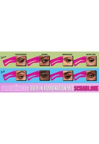 Guide de mise en forme des sourcils montrant des sourcils fins et épais stylisés en formes arquées, droites, arrondies et extra longues avec des outils pochoirs roses assortis.