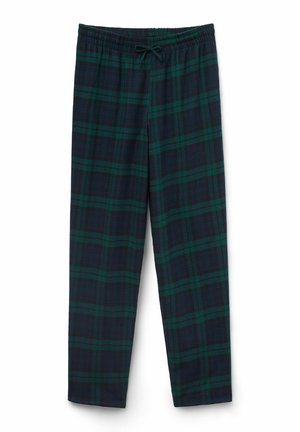 Pantalons de pyjama pour homme à carreaux en bleu marine et vert, avec une taille élastique et un cordon de serrage, fabriqués dans un tissu doux et texturé.