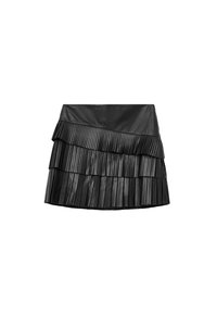 Μαύρη δερμάτινη πλισέ μίνι φούστα με διαδοχικά επίπεδα, λεία υφή και εφαρμοστό μέσο, σχεδιασμένη για σφιχτή και δομημένη σιλουέτα.
