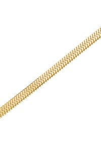 Gouden metalen kettingarmband met in elkaar grijpende schubben, een gladde textuur, platte schakels en een gepolijste afwerking. De totale lengte is uniform en strak.