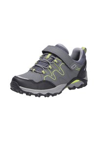 Grauer Sportschuh mit Klettverschluss, strukturiertem Synthetik-Obermaterial, leuchtend grünen Akzenten und robuster Außensohle für guten Halt.