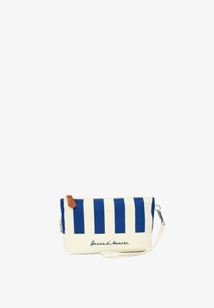 Small rectangular wristlet pouch with blue and white vertical stripes, zipper with brown pull tab, and detachable white wrist strap.