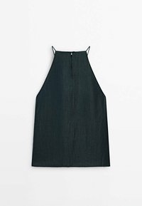Haut sans manches vert foncé avec un design à col halter, doté de fines bretelles et d'une fermeture éclair dissimulée dans le dos. Tissu texturé avec une finition lisse.
