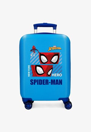 Maleta rígida azul con gráficos de Spider-Man, incluyendo primeros planos de la máscara, una pequeña figura de Spider-Man y el texto "New York Hero Spider-Man".