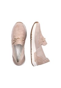 Beige suede and mesh slip-on shoes with a decorative gold accent. Light-colored sole with textured grip. Rounded toe design.