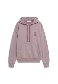 Felpa leggera rosa realizzata in misto cotone. Presenta una tasca a marsupio, cappuccio con coulisse e un logo in tessuto testurizzato sul lato sinistro del petto.