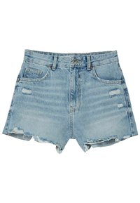 Light blue denim shorts with a distressed design, frayed hem, five-pocket style, and metal button closure.
