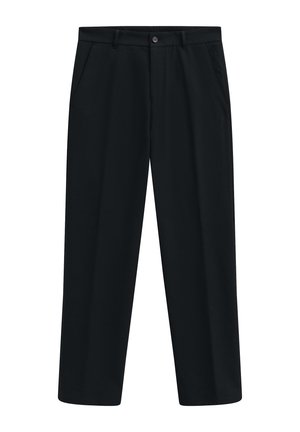 Black, straight-leg trousers with two front pockets, a button closure, and a smooth, soft texture. Made from woven fabric.