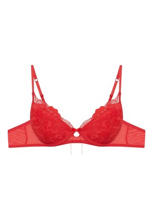 Roter Spitzen-BH mit floralem Stickerei, durchsichtigen Unterband, verstellbaren Trägern und einem zentralen dekorativen Ring. Weiche Netztstruktur.