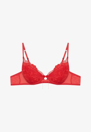 Roter Spitzen-BH mit floralem Stickerei, durchsichtigen Unterband, verstellbaren Trägern und einem zentralen dekorativen Ring. Weiche Netztstruktur.