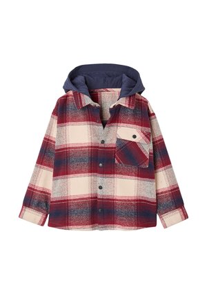 Red, navy, and beige plaid jacket with black buttons, a single chest pocket, and an attached navy hood.