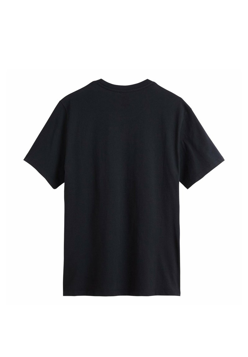 Camiseta negra lisa de manga corta mostrada desde atrás con un cuello redondo sobre un fondo blanco.