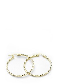 Zlaté kruhové náušnice so skrúteným dizajnom, s lešteným povrchom a uzáverom na pánt. Každá náušnica má kruhový tvar.