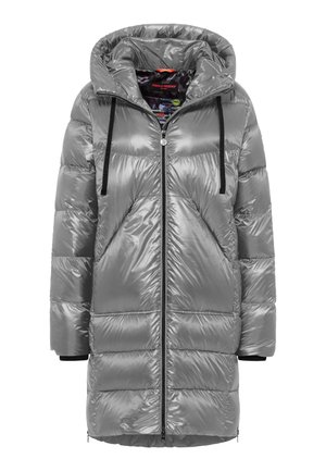 Silver puffer jacket with a shiny, quilted texture, hood, and black drawstrings. Features a full zipper and two side pockets.