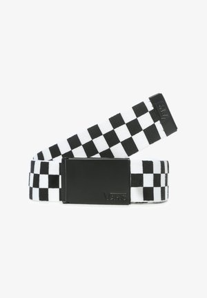 Sorte og hvide ternede stofbælte med en mat sort spænde, hvor "VANS"-logoet er præget på forsiden. Flad vævet tekstur.