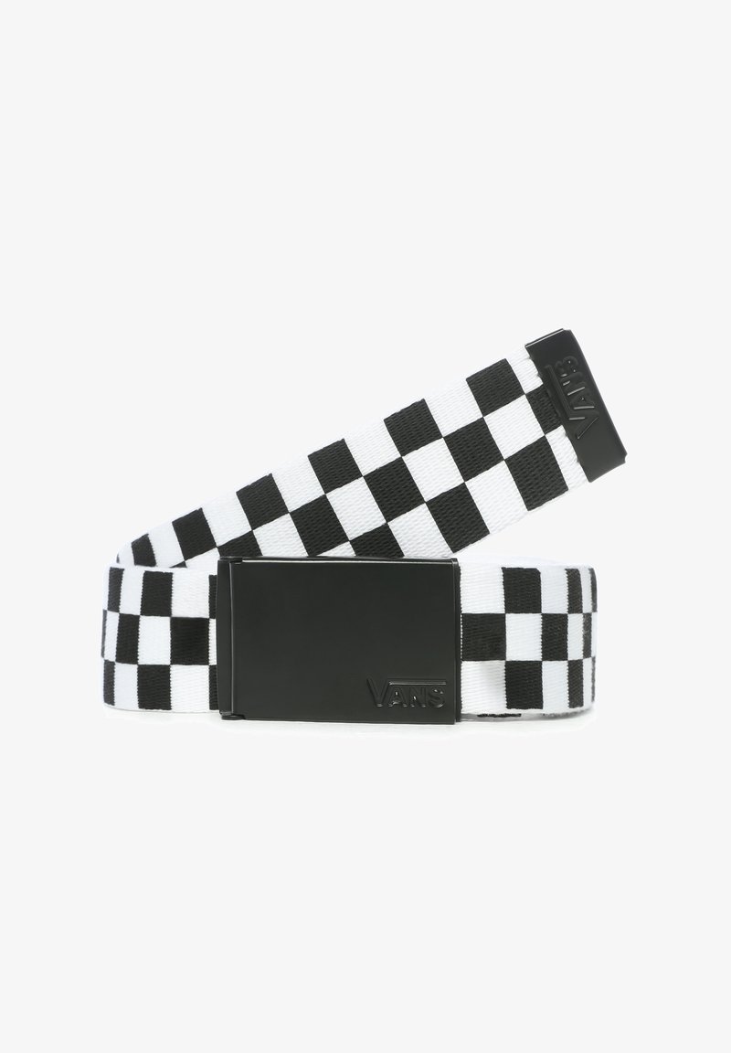 Cinturón de tela a cuadros en blanco y negro con hebilla negra mate que presenta el logo "VANS" grabado en la parte frontal. Textura de tejido plano.