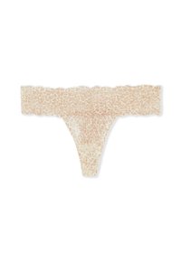Spitzen-Tanga in einem sanften Beige mit dezentem Leopardenmuster. Verfügt über gewellte Kanten und ein minimal deckendes Profil.