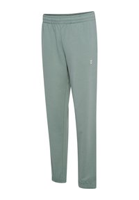 Helle grüne Sweatpants mit einem elastischen Bund, schmal zulaufenden Beinen und einem kleinen Logo am linken Oberschenkel. Hergestellt aus weichem, atmungsaktivem Stoff.
