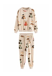 Set de pijama de culoare crem, format dintr-un hanorac și pantaloni jogger, ambele decorate cu imprimeuri colorate cu animale; realizat dintr-un material moale, texturat.