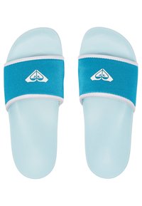 Light blue slide sandals with a soft, smooth texture. Features a turquoise fabric strap with white trim and a logo detail.
