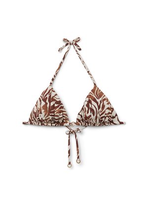 Top bikini triangolo marrone e bianco con stampa animale, lacci regolabili, fianchi arricciati e dettagli in metallo dorato.