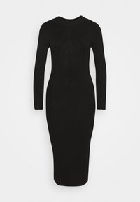 Robe midi noire à côtes avec manches longues, encolure ronde et motif en chevrons texturé. La silhouette ajustée met en valeur la forme.