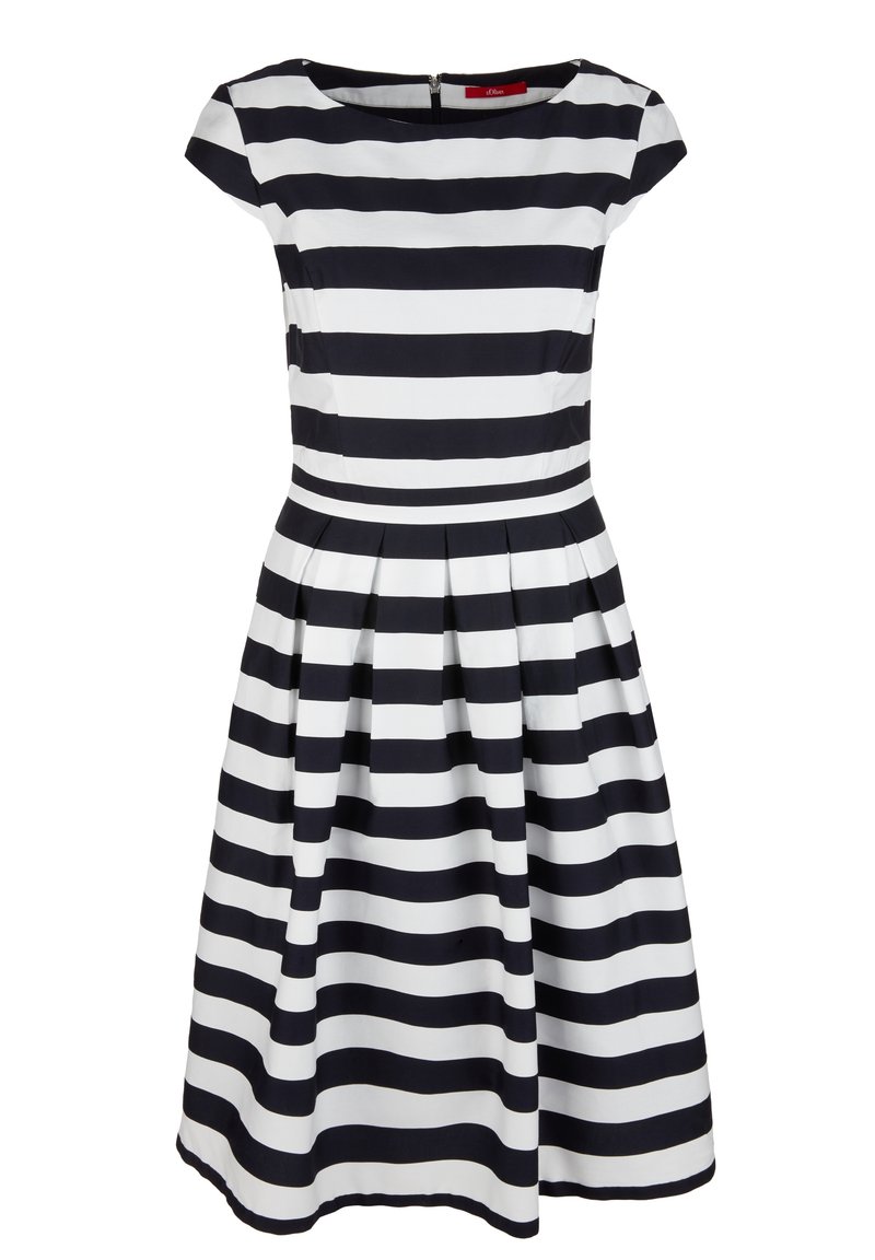 Kleid mit kurzen Ärmeln in schwarz-weiß gestreift, aus glattem Stoff mit eng anliegendem Oberteil und schwingendem Rock, ausgestattet mit einem Reißverschluss auf der Rückseite.