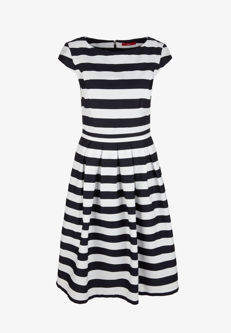 Kleid mit kurzen Ärmeln in schwarz-weiß gestreift, aus glattem Stoff mit eng anliegendem Oberteil und schwingendem Rock, ausgestattet mit einem Reißverschluss auf der Rückseite.