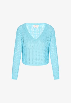 Hellblau gestrickter Pullover mit V-Ausschnitt, langen Ärmeln und einem offenen Strickmuster. Kurz geschnittenes Design mit gerippten Bündchen und Saum.