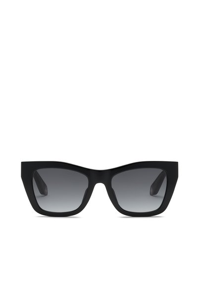Lunettes de soleil carrées noires surdimensionnées avec des montures épaisses et des verres dégradés gris, vues de face sur fond blanc.