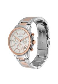 Orologio in acciaio inox argento con ghiera in oro rosa, quadrante bianco, sottodial cronografico, dettagli in cristallo e bracciale con maglie in metallo.