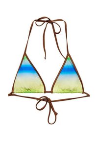 Trojúhelníkový bikini top s gradientním designem v zelené a modré barvě, s hnědými šňůrkami a texturovanou látkou. Nastavitelné ramínka pro přizpůsobitelný fit.
