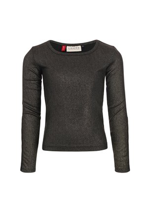 Zwarte longslavenshirt gemaakt van glanzende, textuurstof. Heeft een brede halslijn en een getailleerde pasvorm. Etiket zichtbaar aan de binnenkant.