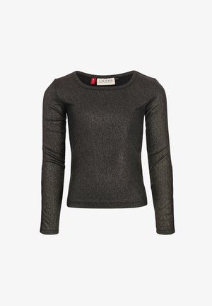 Zwarte longslavenshirt gemaakt van glanzende, textuurstof. Heeft een brede halslijn en een getailleerde pasvorm. Etiket zichtbaar aan de binnenkant.