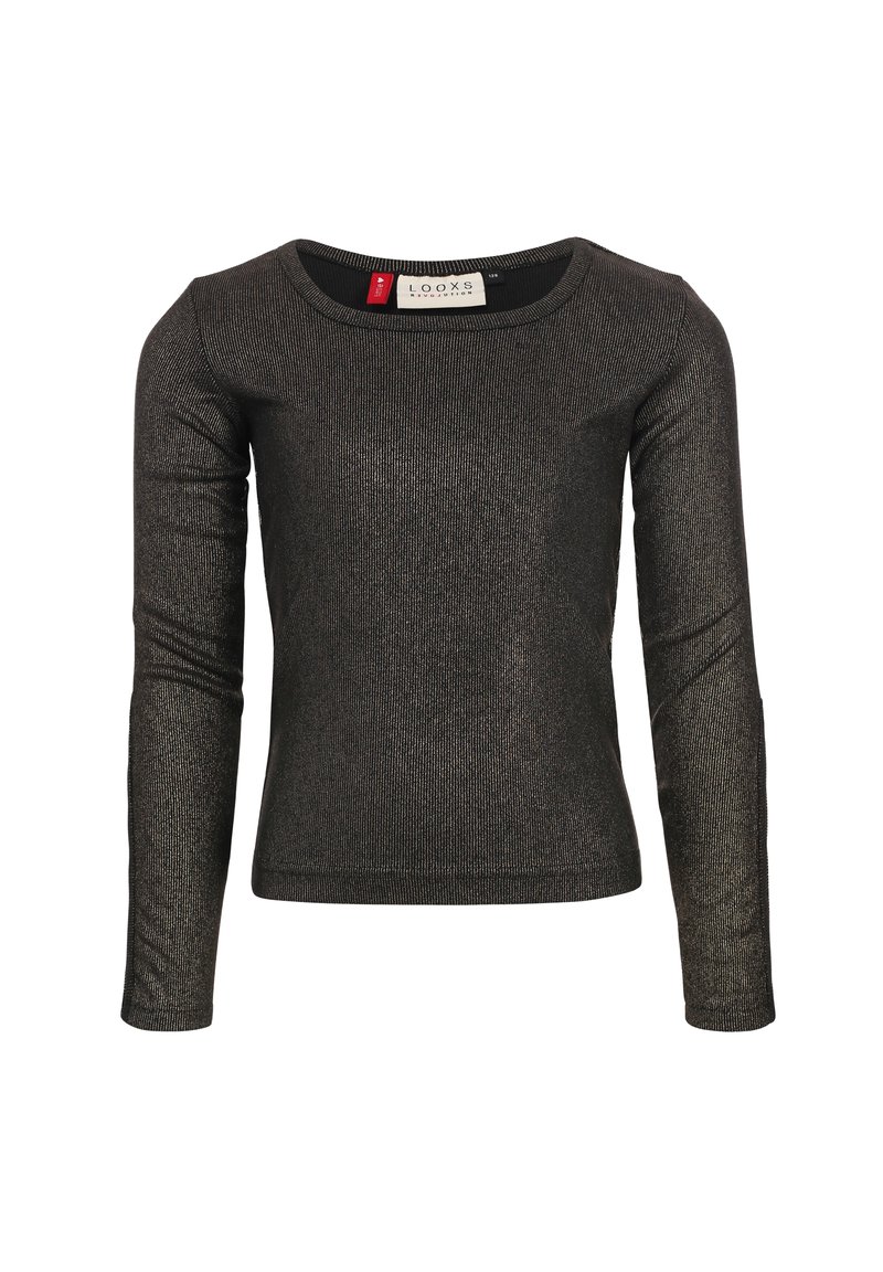 Zwarte longslavenshirt gemaakt van glanzende, textuurstof. Heeft een brede halslijn en een getailleerde pasvorm. Etiket zichtbaar aan de binnenkant.